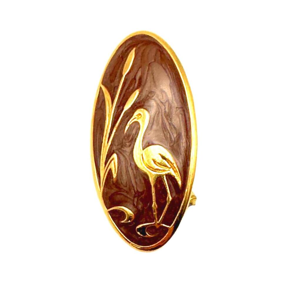 Vintage Oval Enamel Brooch with Crane Bird Design